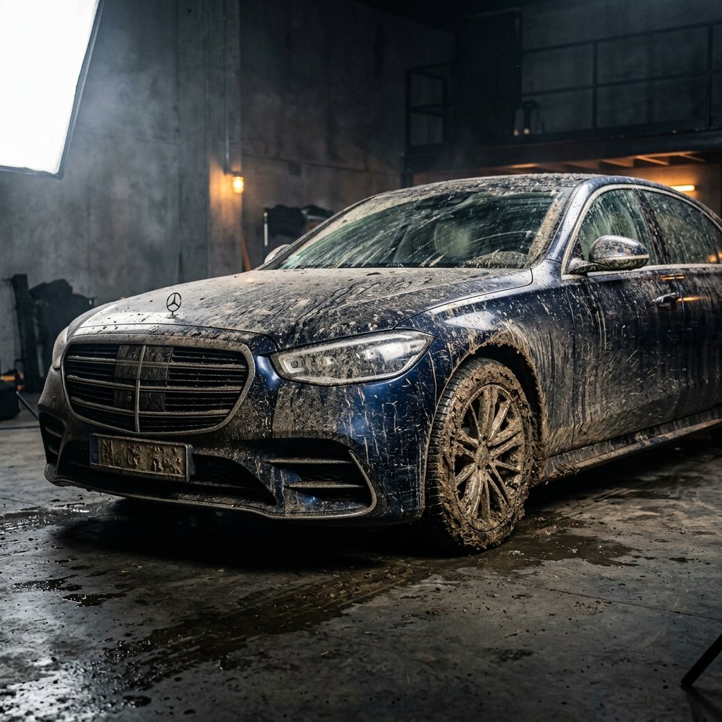 Antes: Mercedes sucio de barro